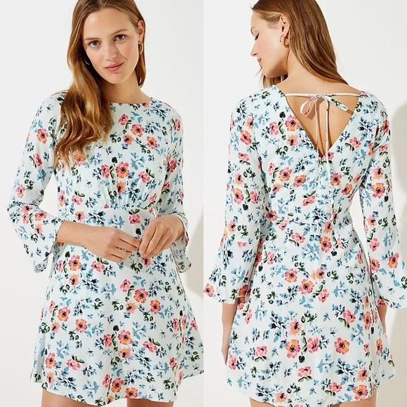 Loft NWT Soft Blue Floral Bell Sleeve Tie Back Mini Dress Women’s Size 6 - Picture 1 of 13
